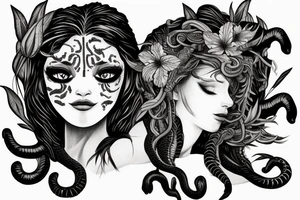 medusa tattoo, looking over bare shoulder, with tiger lily flowers in her hair, eyes open, foliage surrounding her, snake around her shoulder and going down tattoo idea