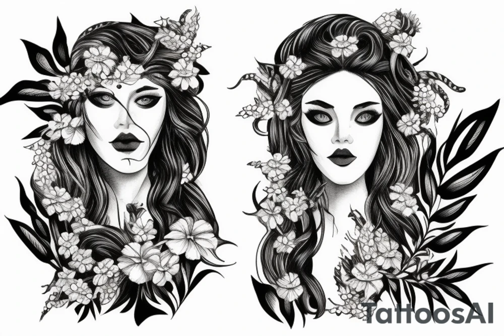 medusa tattoo, looking over bare shoulder, with tiger lily flowers in her hair, eyes open, foliage surrounding her, snake around her shoulder and going down tattoo idea