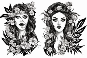 medusa tattoo, looking over bare shoulder, with tiger lily flowers in her hair, eyes open, foliage surrounding her, snake around her shoulder and going down tattoo idea