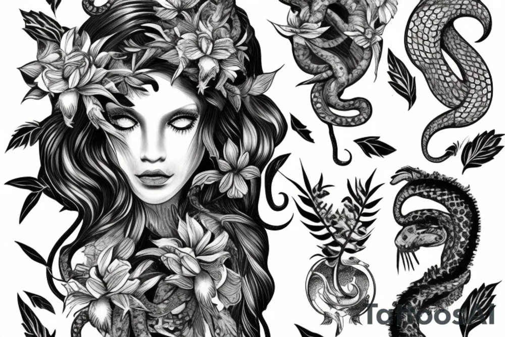 medusa tattoo, looking over bare shoulder, with tiger lily flowers in her hair, eyes open, foliage surrounding her, snake around her shoulder and going down tattoo idea