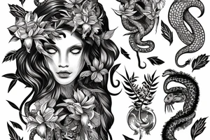 medusa tattoo, looking over bare shoulder, with tiger lily flowers in her hair, eyes open, foliage surrounding her, snake around her shoulder and going down tattoo idea