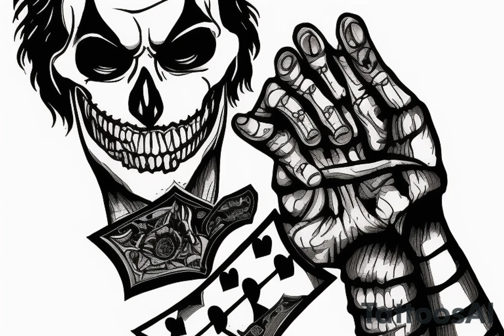 Skeleton hand holding two cards, one faces backside, one is a joker tattoo idea