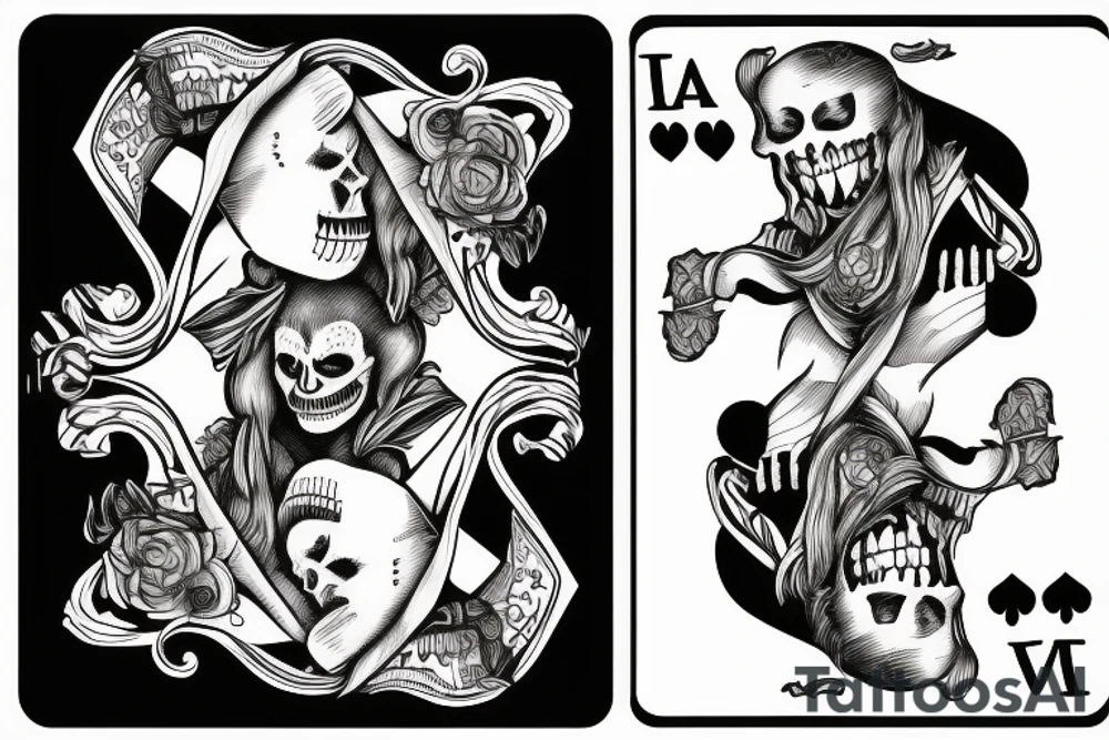 Skeleton hand holding two cards, one faces backside, one is a joker tattoo idea