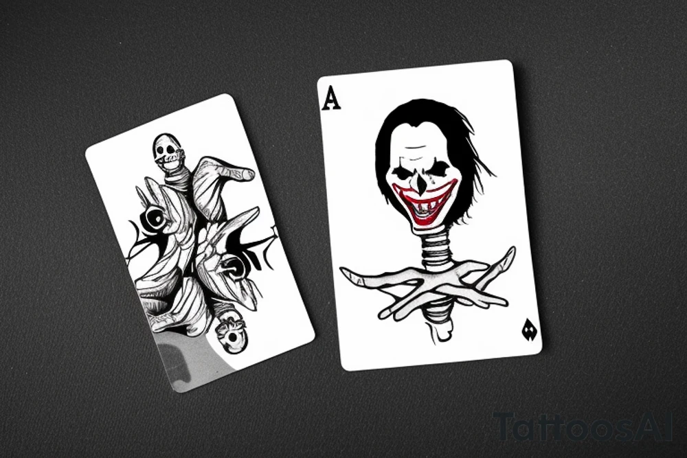 Skeleton hand holding two cards, one faces backside, one is a joker tattoo idea