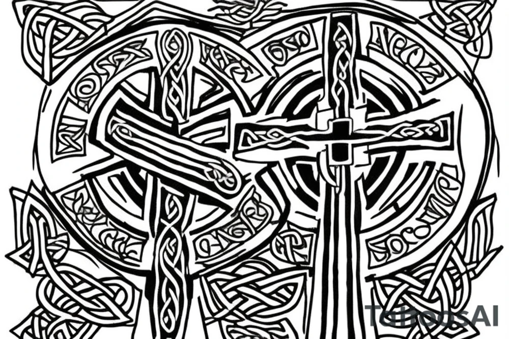 Celtic cross with the word INVICTUS written horizontally and in the lower vertical part the greek symbols for μ ν and α, all of it surrounded by the latin sentence QUID IN VITA FACIMUS, AETERNE RESONAT tattoo idea