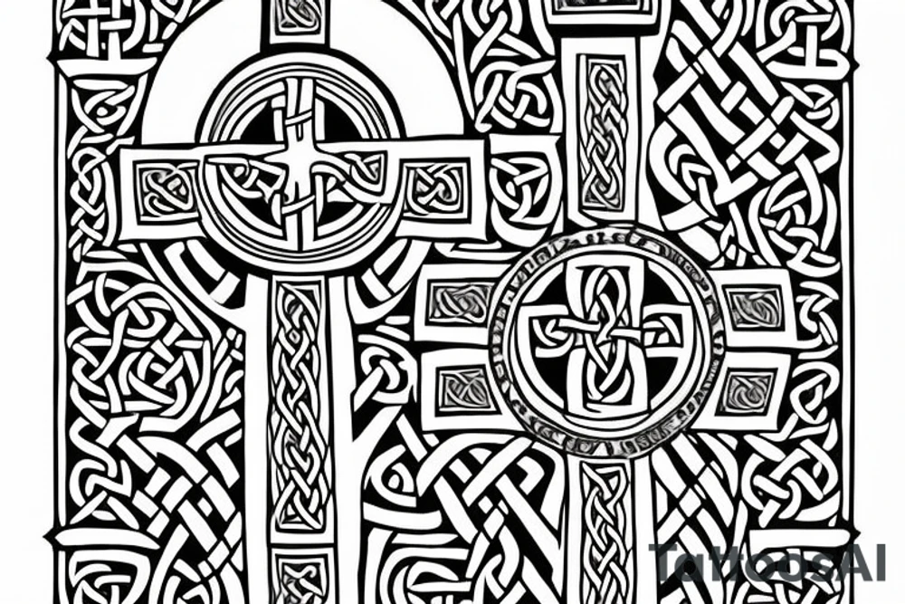 Celtic cross with the word INVICTUS written horizontally and in the lower vertical part the greek symbols for μ ν and α, all of it surrounded by the latin sentence QUID IN VITA FACIMUS, AETERNE RESONAT tattoo idea