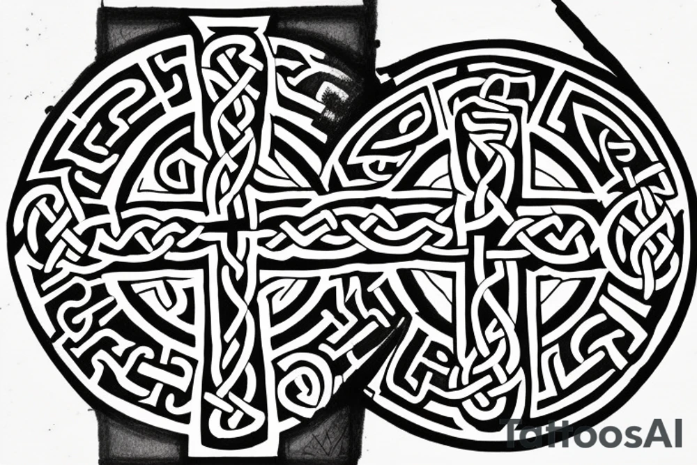 Celtic cross with the word INVICTUS written horizontally and in the lower vertical part the greek symbols for μ ν and α, all of it surrounded by the latin sentence QUID IN VITA FACIMUS, AETERNE RESONAT tattoo idea