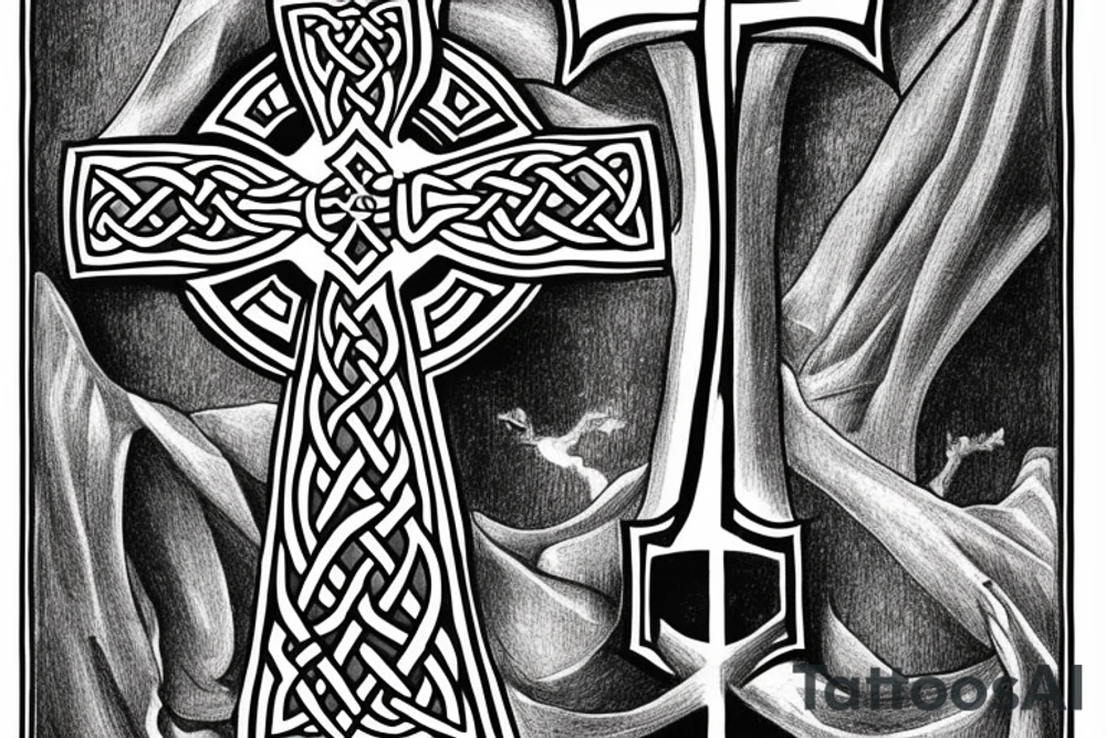 Celtic cross with the word INVICTUS written horizontally and in the lower vertical part the greek symbols for μ ν and α, all of it surrounded by the latin sentence QUID IN VITA FACIMUS, AETERNE RESONAT tattoo idea