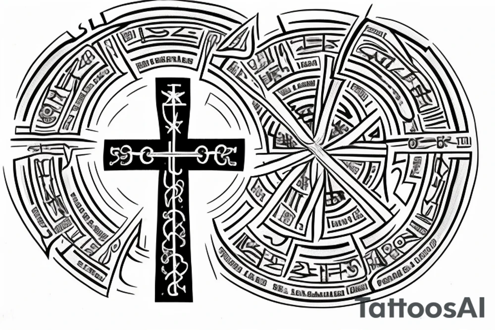 Christian cross with the word INVICTUS written horizontally and in the lower vertical part the greek symbols for μ ν and α, all of it surrounded by the latin sentence QUID IN VITA FACIMUS, AETERNE RESONAT tattoo idea
