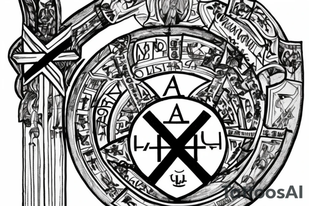 Christian cross with the word INVICTUS written horizontally and in the lower vertical part the greek symbols for μ ν and α, all of it surrounded by the latin sentence QUID IN VITA FACIMUS, AETERNE RESONAT tattoo idea