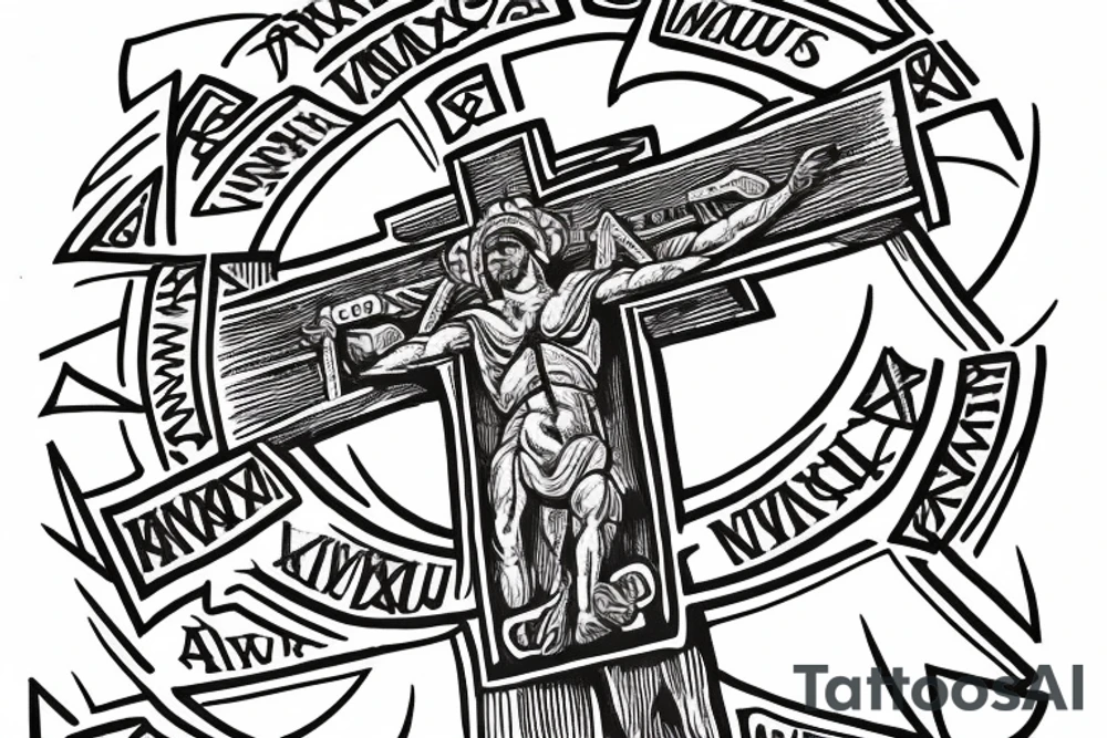 Christian cross with the word INVICTUS written horizontally and in the lower vertical part the greek symbols for μ ν and α, all of it surrounded by the latin sentence QUID IN VITA FACIMUS, AETERNE RESONAT tattoo idea