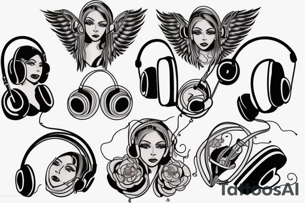 hot angel with headphones tattoo idea