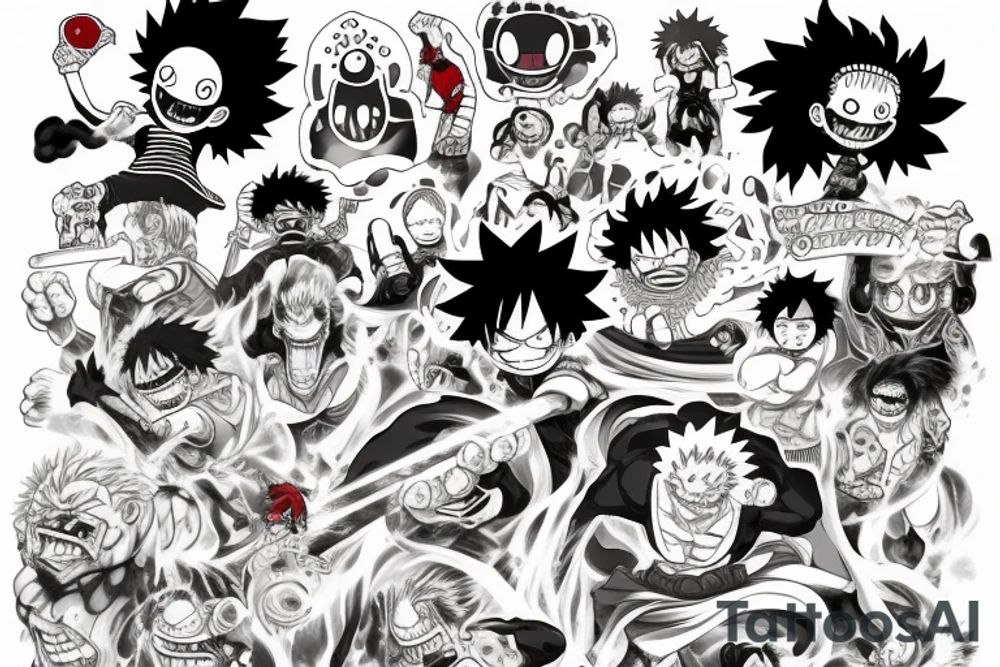 My hero academia with luffy one piece gum gum arms attacking a fire elemental tattoo idea