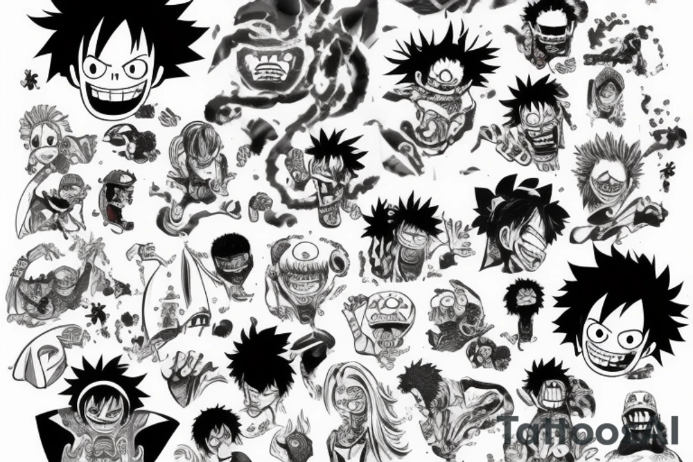 My hero academia with luffy one piece gum gum arms attacking a fire elemental tattoo idea