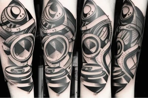 Mechanic part with abstract part tattoo moving on elbow tattoo idea