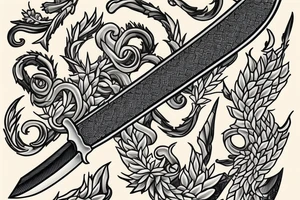 Sword surrounded by laurel and clouds. tattoo idea