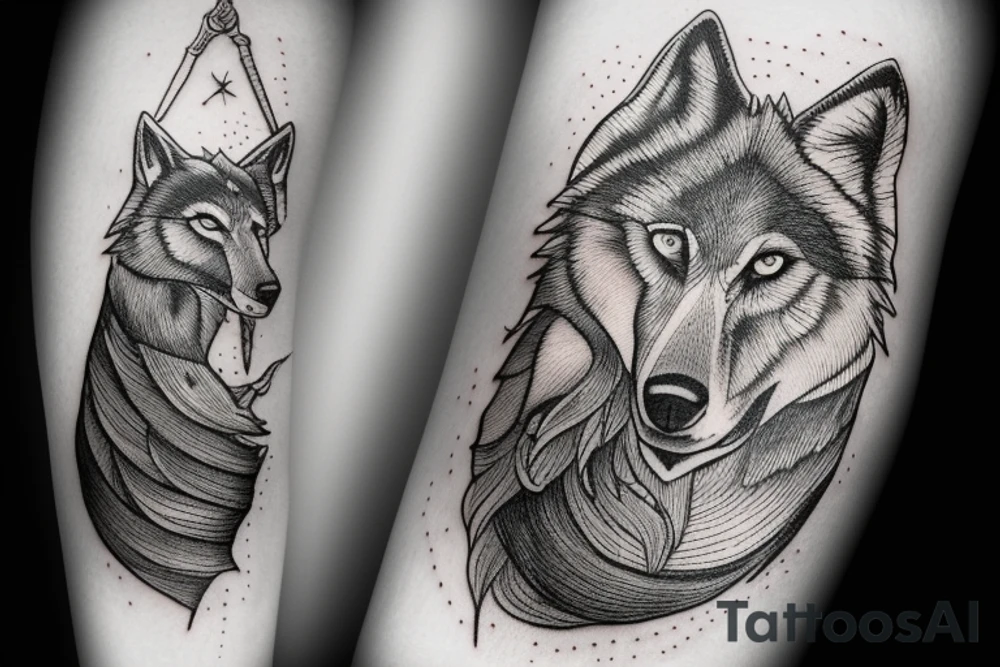 Sword, with a wolf, surrounded by twigs and clouds. tattoo idea