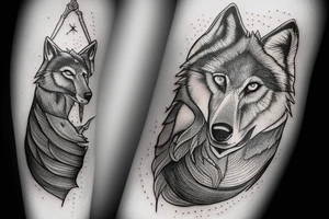 Sword, with a wolf, surrounded by twigs and clouds. tattoo idea