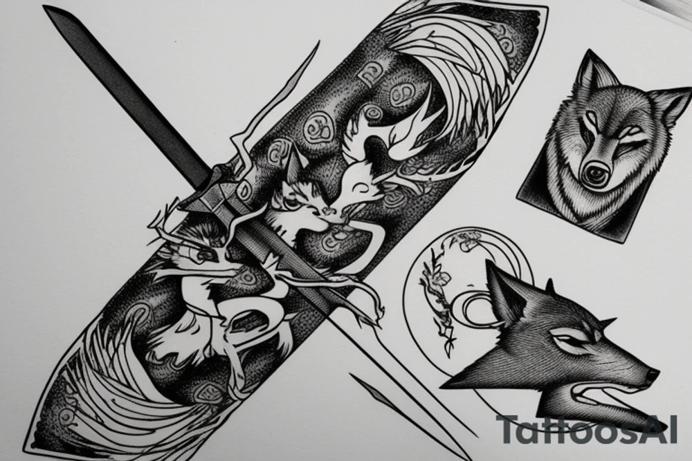 Sword, with a wolf, surrounded by twigs and clouds. tattoo idea