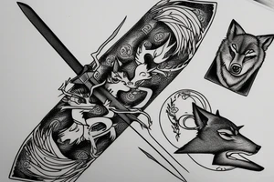 Sword, with a wolf, surrounded by twigs and clouds. tattoo idea