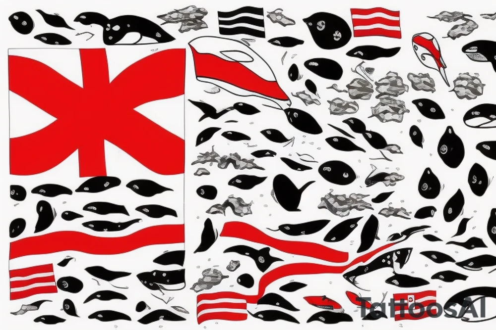 Orca, in the colour of the Norwegian flag, with the date 30.12.21 hidden within it and the coordinates 69°54'N 21°06'E also hidden within it. tattoo idea