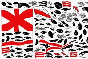 Orca, in the colour of the Norwegian flag, with the date 30.12.21 hidden within it and the coordinates 69°54'N 21°06'E also hidden within it. tattoo idea