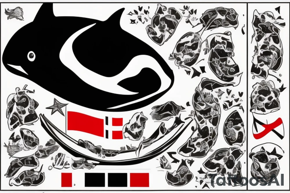 Orca, in the colour of the Norwegian flag, with the date 30.12.21 hidden within it and the coordinates 69°54'N 21°06'E also hidden within it. tattoo idea