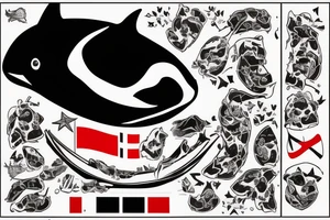 Orca, in the colour of the Norwegian flag, with the date 30.12.21 hidden within it and the coordinates 69°54'N 21°06'E also hidden within it. tattoo idea