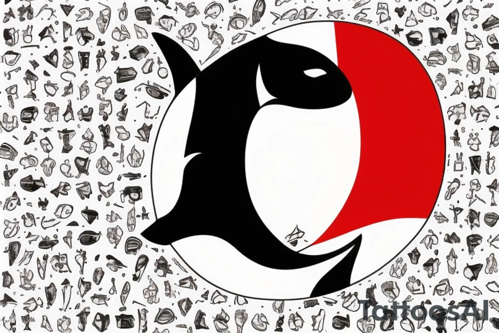 Orca, in the colour of the Norwegian flag, with the date 30.12.21 hidden within it and the coordinates 69°54'N 21°06'E also hidden within it. tattoo idea