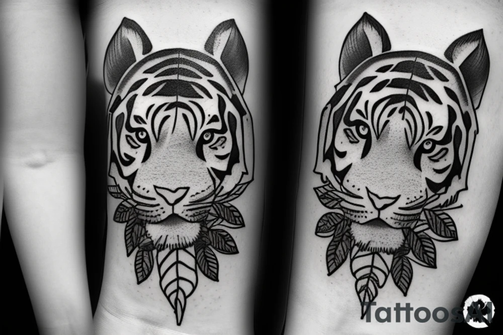 Tiger looking through leaves tattoo idea