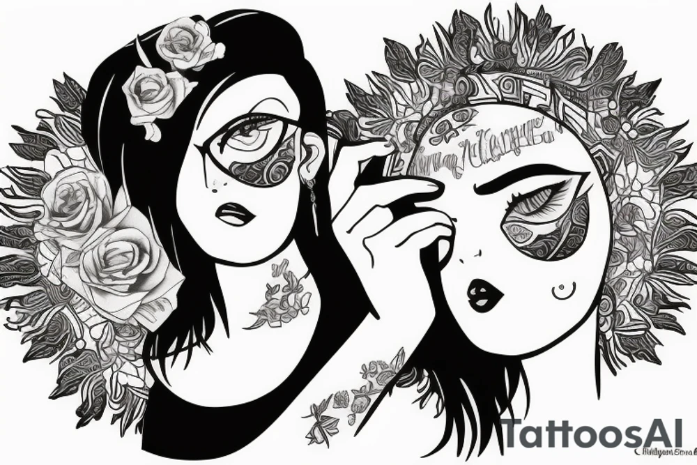 older female self hugging younger self tattoo idea