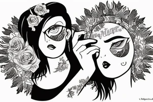 older female self hugging younger self tattoo idea