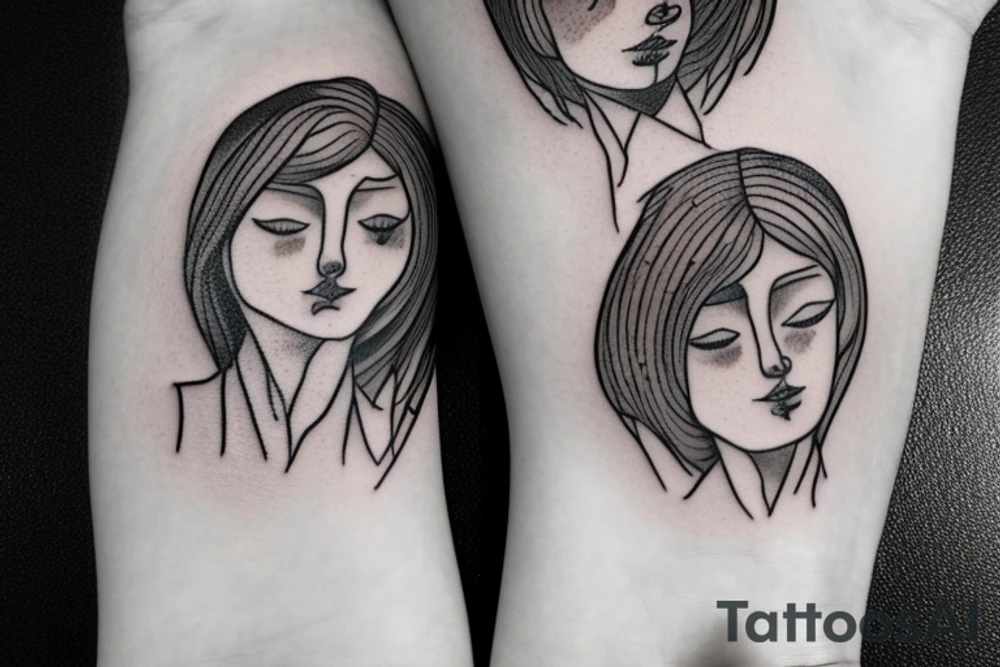 older female self hugging younger self tattoo idea