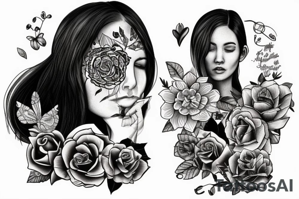 older female self hugging younger self tattoo idea