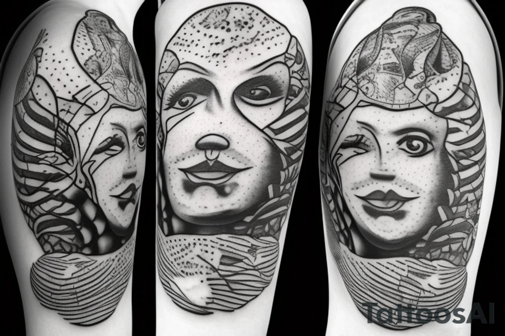 A sculped greek head from the side, with a fishbowl for a brain, filled with waives, while a cat watches from the back of the fishbowl tattoo idea