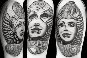 A sculped greek head from the side, with a fishbowl for a brain, filled with waives, while a cat watches from the back of the fishbowl tattoo idea
