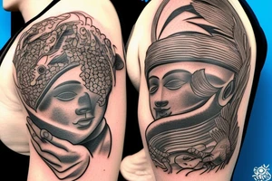 A sculped greek head from the side, with a fishbowl for a brain, filled with waives, while a cat watches from the back of the fishbowl tattoo idea