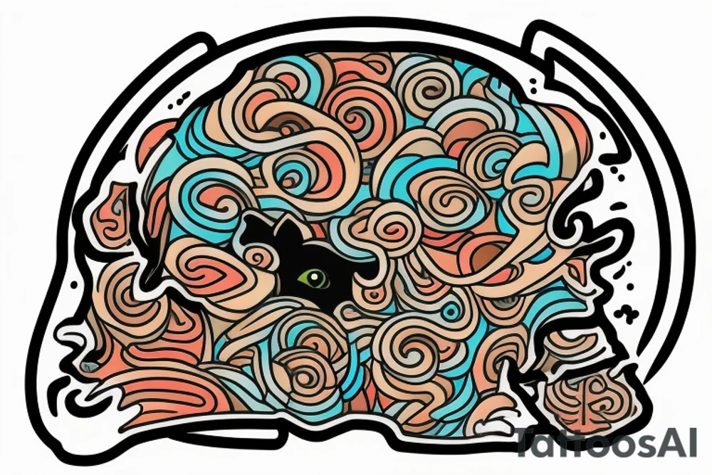 A sculped greek head from the side, with a fishbowl for a brain, filled with waives, while a cat watches from the back of the fishbowl tattoo idea