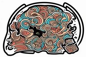 A sculped greek head from the side, with a fishbowl for a brain, filled with waives, while a cat watches from the back of the fishbowl tattoo idea