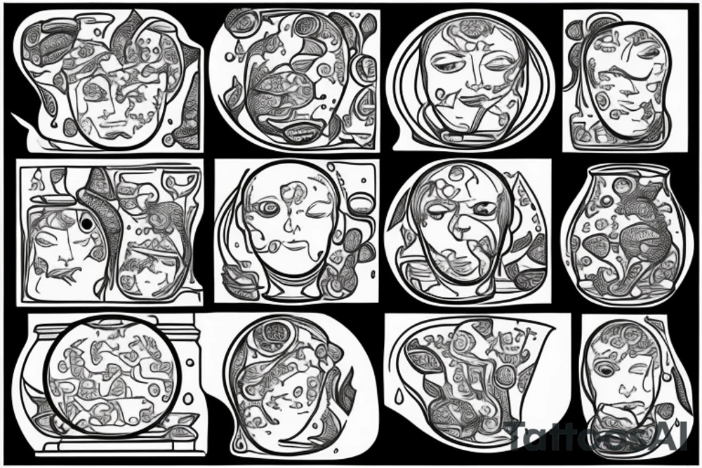 A sculped greek head from the side, with a fishbowl for a brain, filled with waives, while a cat watches from the back of the fishbowl tattoo idea