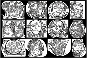 A sculped greek head from the side, with a fishbowl for a brain, filled with waives, while a cat watches from the back of the fishbowl tattoo idea