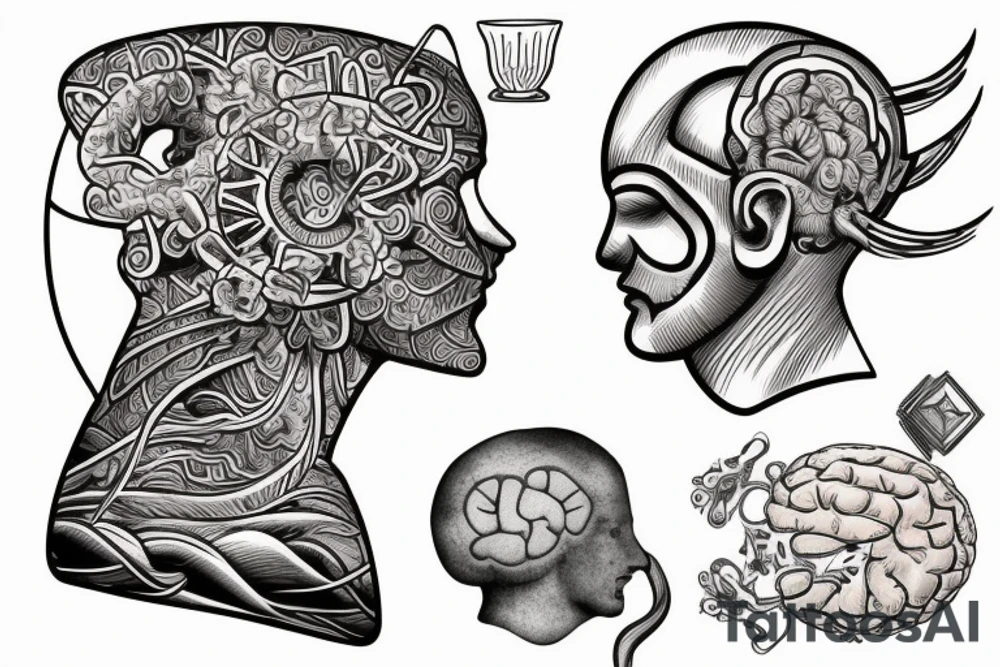 A sculped ancient greek head from the side, with a fishbowl for a brain, filled with waives, while a cat watches from the back of the fishbowl tattoo idea