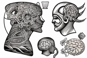 A sculped ancient greek head from the side, with a fishbowl for a brain, filled with waives, while a cat watches from the back of the fishbowl tattoo idea