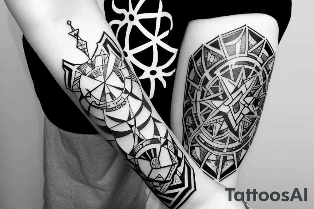 black and white repeating geometric band around arm that has the kingdom hearts crown incorporated in tattoo idea