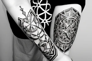 black and white repeating geometric band around arm that has the kingdom hearts crown incorporated in tattoo idea