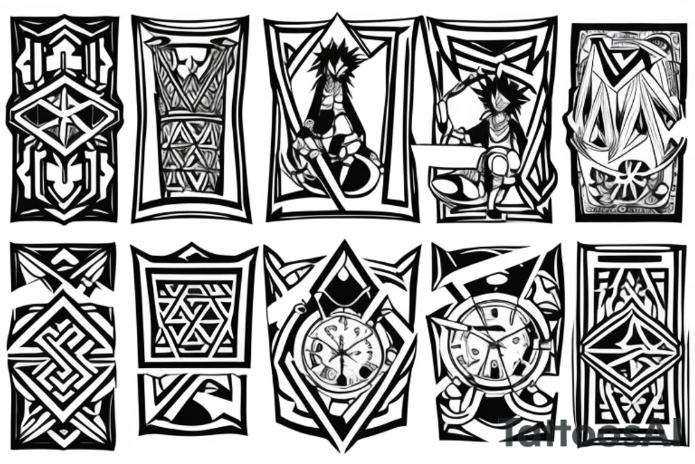 black and white repeating geometric band around arm that has the kingdom hearts crown incorporated in tattoo idea