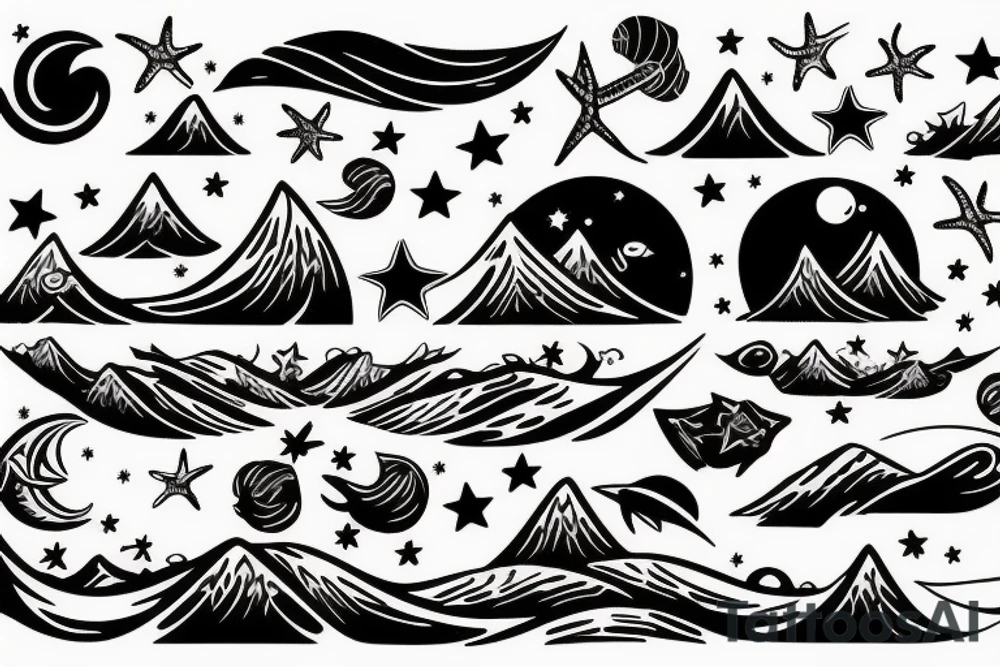 Sea waves under the moonlight and stars tattoo idea