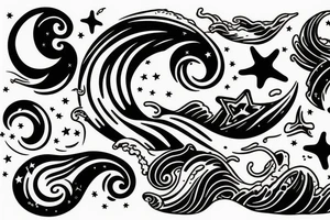 Sea waves under the moonlight and stars tattoo idea