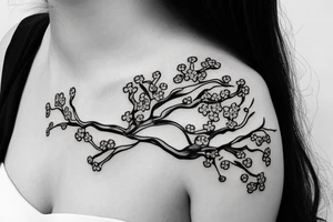 fine line branching cherry blossoms with delicate feminine design elements for sternum placement tattoo idea