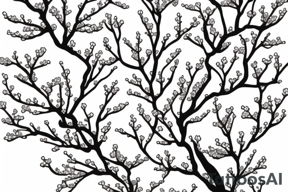 fine line branching cherry blossoms with delicate feminine design elements for sternum placement tattoo idea